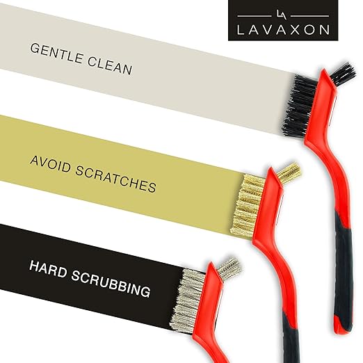 Wire Brush Set 3Pcs - Nylon/Brass/Stainless Steel Bristles with Curved Handle Grip for Rust, Dirt & Paint Scrubbing with Deep Cleaning – 7 Inches (Red)