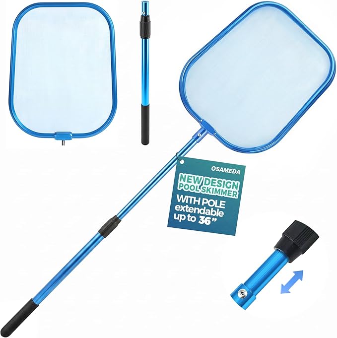 36" Hot Tub Pool Skimmer Net with Pole All-Metal Aluminum Frame & Handle for Small Above Ground Pools - Lightweight Pool Skimmer Net for Daily Leaves Bugs Removal Easy Cleaning, Metal Blue