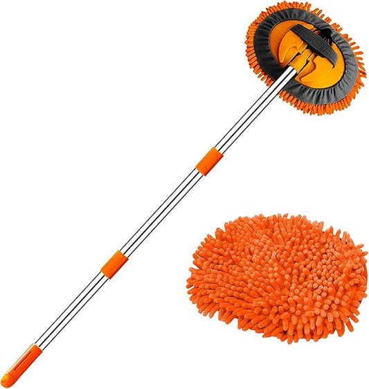 47.5" Car Wash Brush Mop Cleaning Tool with Long Handle Kit for Washing Detailing Cars Truck, SUV, RV, Trailer, Boat 2 in 1 Chenille Microfiber Sponge Duster Not Hurt Paint Scratch Free