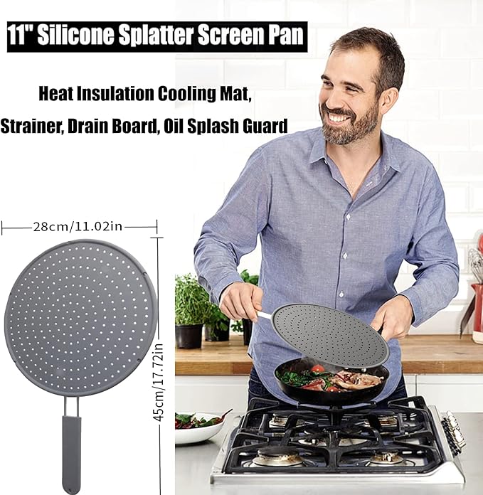 Silicone Splatter Screen Pan Cover 11", Heat Insulation Cooling Mat, Strainer, Drain Board, Oil Splash Guard for Frying Pan, Non-Stick, Heat Resistant Universal Pan Cover