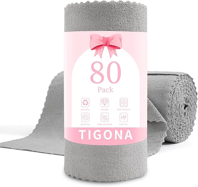 80 Pack Microfiber Cleaning Cloth Roll,Lint Free Rags & Tear Away Reusable Towels Washable Scratch,Ultra Absorbent Dish Rags(12" x 12") for Car Kitchen Home Garage-Light Gray