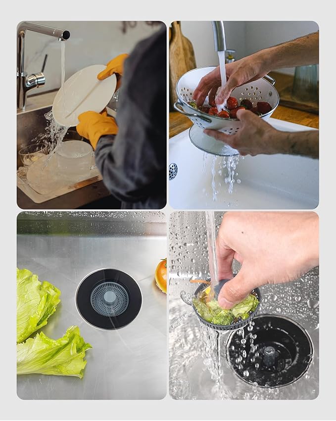 Hibbent Upgraded 3 in 1 Kitchen Sink Drain Strainer and Stopper Combo, Stainless Steel Metal Pop Up Sink Stopper, Anti-Clogging Basket Strainer with Handle for US Standard 3-1/2 Inch Drain, Black