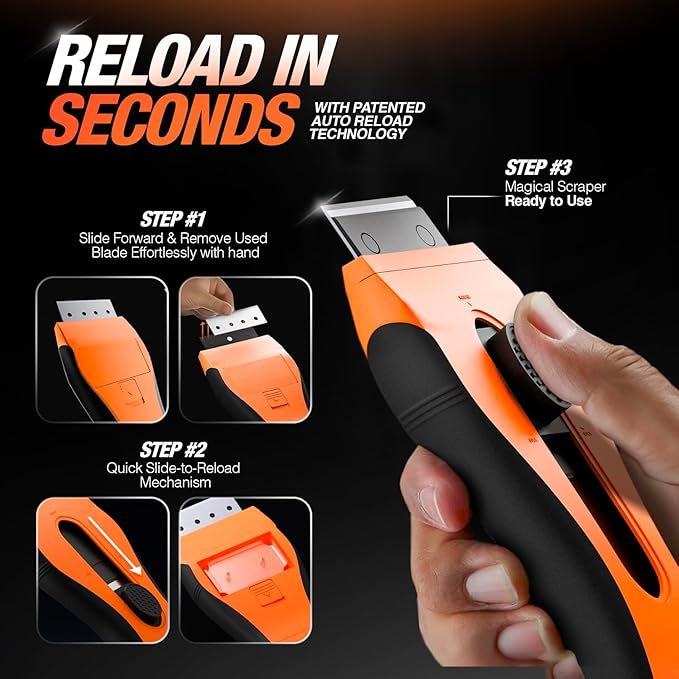 Razor Blade Scraper Tool | 18 Extra Blades, Unique Auto-Reload Mechanism, Dual Storage Compartment, Cleaning Razor scraper for Kitchen, Glass, Cooktop, Stovetop, Oven, Paint, Window, Sticker