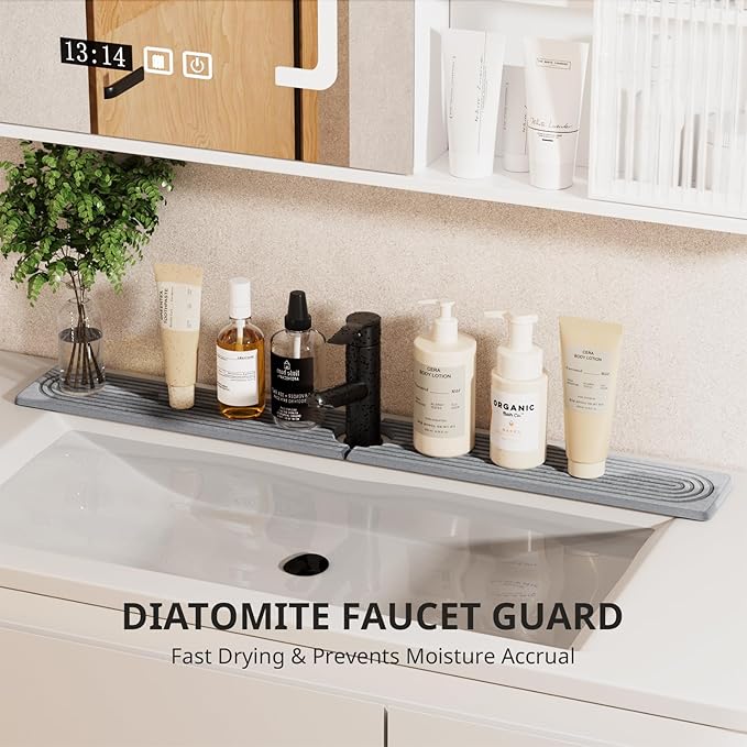 Quick Dry Sink Splash Guard - 30" Instant Dry Stone Sink Tray for Faucets - Absorbent Diatomaceous Earth Faucet Mat for Kitchen Countertop and Bathroom - Light Gray