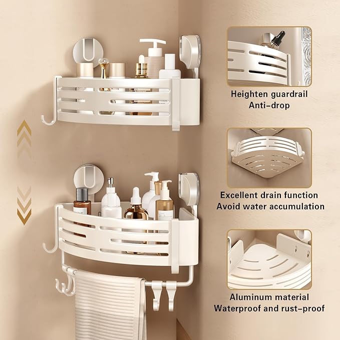 VOLPONE Corner Shower Caddy Suction Cup Shower Shelf Corner No Drilling Bathroom Shower Organizer Storage Rack Adhesive with Towel Bar Hooks(2-Pack, Ivory)