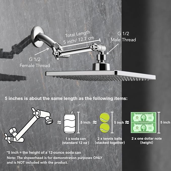 5 Inch Adjustable Shower Head Extension Arm, With Locking Set Screw, Singing Rain 304 Stainless Steel Chrome Angle Height Adjustable, Easy Install, G1/2 Universal Connector Compatible (Chrome Finish)