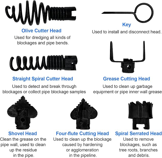 7 Pcs Drain Cleaner Combination Cutter Head Set 16mm Drain Snake Drill Attachmet Drain Snake Attachment for Pipeline Dredging Machine (Black)