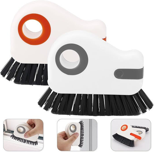 2pcs Crevice Cleaning Brush, Hard Bristle Window Track Cleaning Tools 2 in 1 Cleaner Scrub Brush Grip Brush Cleaner with Hidden Scraper for Sliding Door Sill Shutter Vents Household