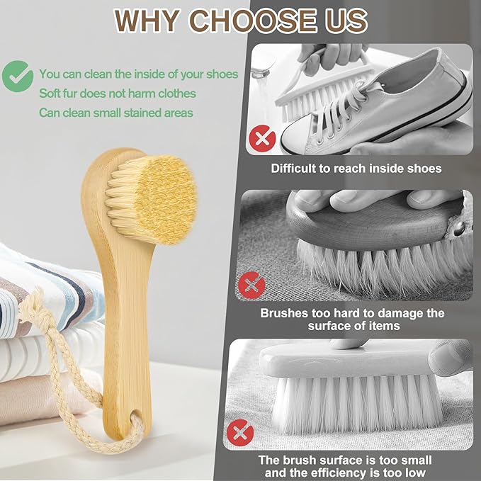 2Pack Laundry Stain Brush with 2Pack Metal Hook, Natural Soft Boar Bristle Scrubber, No Damage for Cleaning Tough Stains on Delicate Fabrics, Shoes, Cotton, Linens