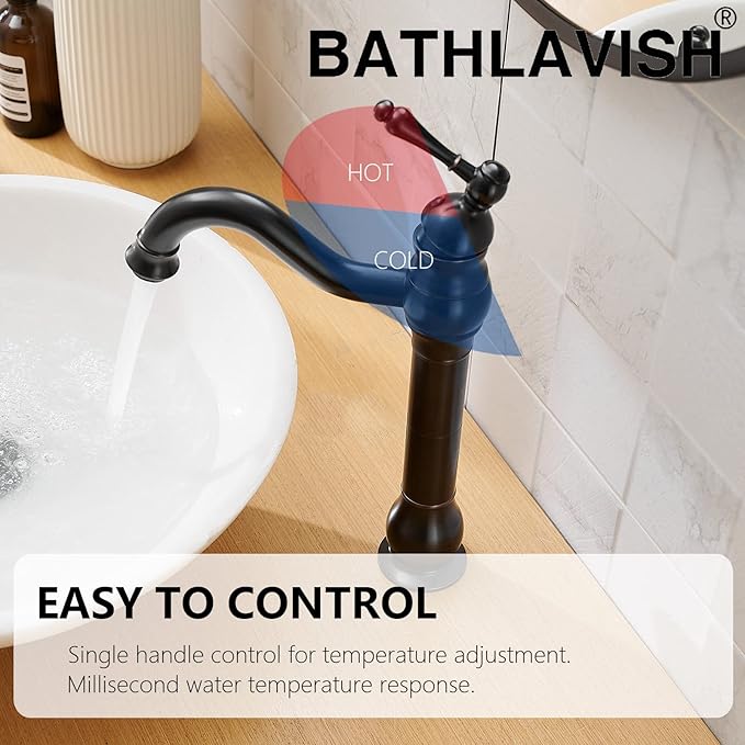 Vessel Sink Faucet Oil Rubbed Bronze Single Handle 1 Hole Bathroom Faucet 360° Swivel Deck Mount Lavatory Commercial Matching Pop Up Drain Without Overflow