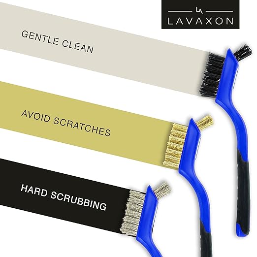 Wire Brush Set 3Pcs - Nylon/Brass/Stainless Steel Bristles with Curved Handle Grip for Rust, Dirt & Paint Scrubbing with Deep Cleaning – 7 Inches (Blue)