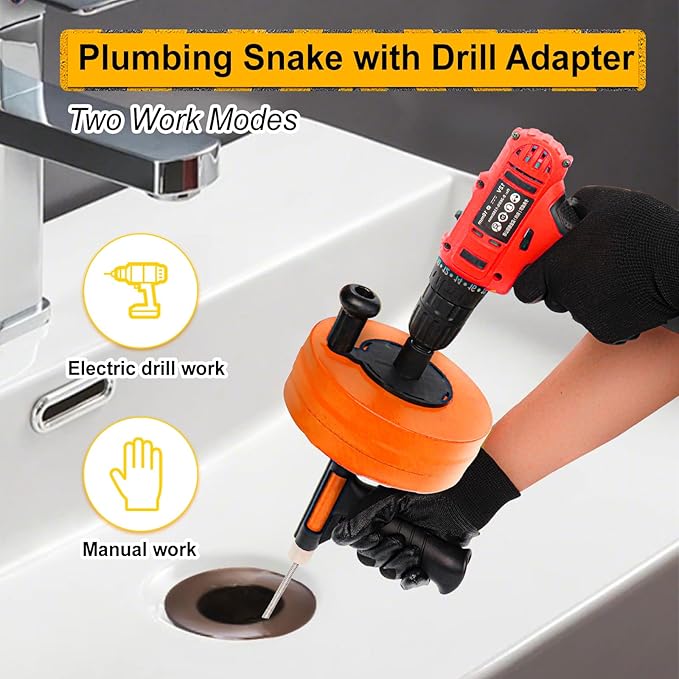 Drain Auger 50FT, Drain Snake with Drill Adapter, Plumbing Snake Clog Remover Use Manually or Powered for Kitchen, Bathtub and Shower Drains