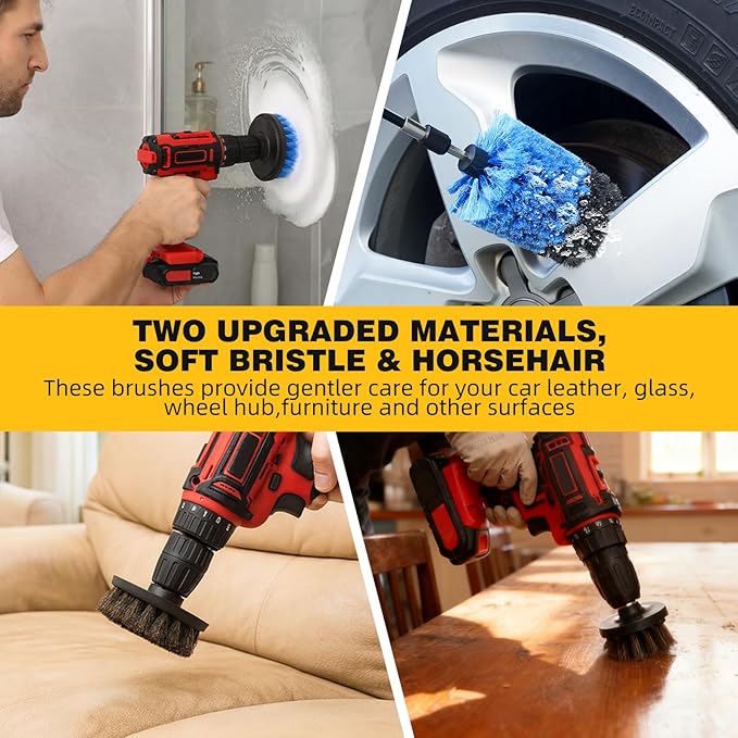 15 Pcs Drill Brush Attachments Set Hard and Soft Bristles Horsehair Brush Cleaning Kit Scrub Sponge Polishing Pads for Home Bathroom Car Kitchen Corners Sink Stubborn Stains Tiles