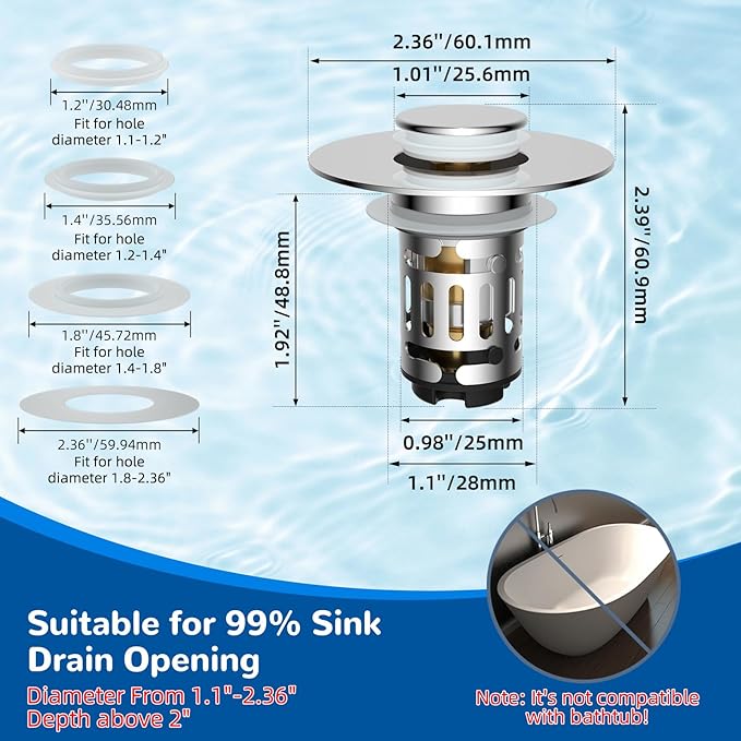 Hibbent 3 Pack Upgraded 3 in 1 Bathroom Sink Drain Strainer, Universal Pop Up Stopper with Removable Stainless Steel Filter Basket Hair Catcher, Sink Plug for 1.1''~2.36'' Basin, Brass Core, Chrome