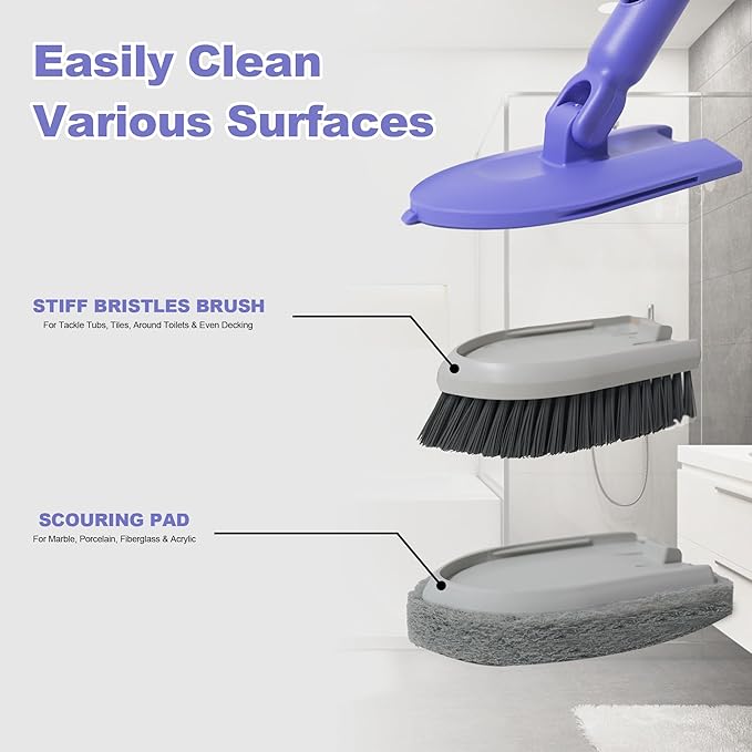 Tile Tub Scrubber Brush with 46.8" Extendable Long Handle, Shower Scrubber Cleaning Brush with 2 Different Function Cleaning Heads for Cleaning Bathroom Kitchen Wall Bathtub Floor