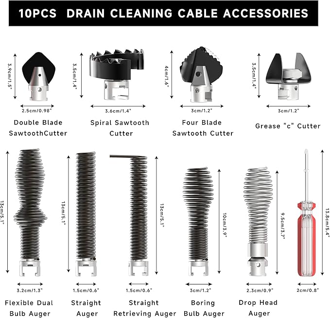 10-Piece Drain Cleaning Kit, Clog Removal Set with Heavy-Duty Plunger, Auger Snake, Wrench & Tools for 5/16-inch to 3/4-inch Drain Snake Cable – for Sink, Toilet, Shower & Drainpipes