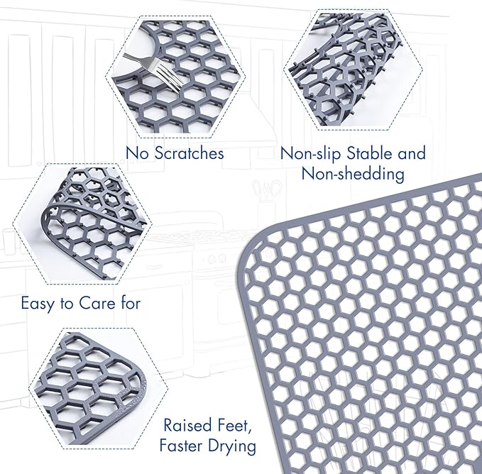 Silicone Sink Protectors for Kitchen Sink with Center Drain - 29.7"x 15.5" Kitchen Protector Accessory, Non-Slip Heat Resistan Mat for Bottom of Farmhouse Stainless Steel Porcelain (Gray)
