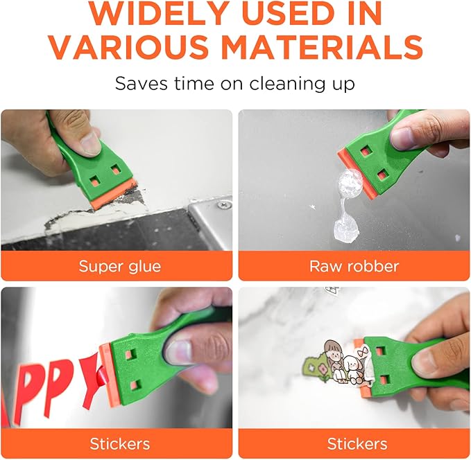 Plastic Razor Blades Scraper Tool - 2 Pack Wall Paint Remover with 100 PCS Blades Kit No Scratch Car Window Glass Wood Sticker Removal Floor Stove Kitchen Vinyl Adhesive Decal Tape Cleaning