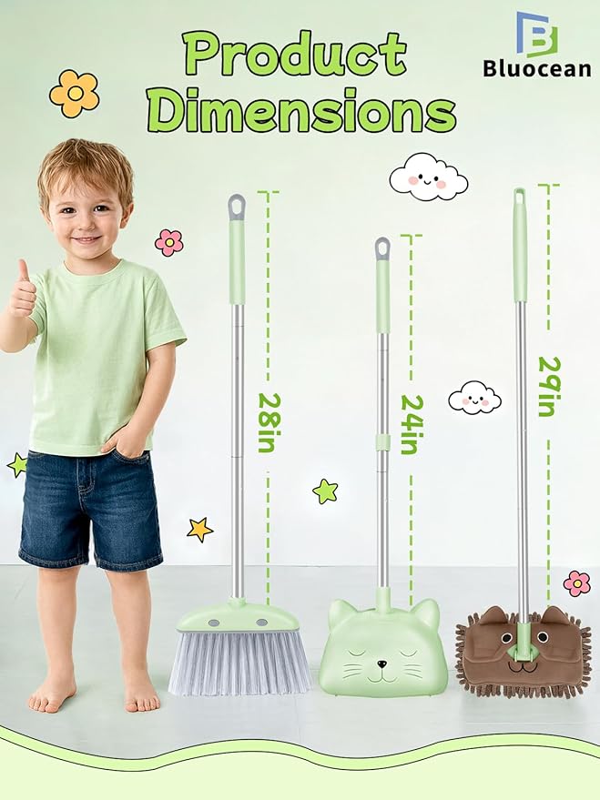 28'' Kids Mini Broom with Dustpan & Mop Set - Toddler Cleaning Toy, Toddler Household Helper, Parent-Child Interactive Play Cleaning Tool, Cute Cartoon Design, Small Safe Corner Broom (Green Sprout)