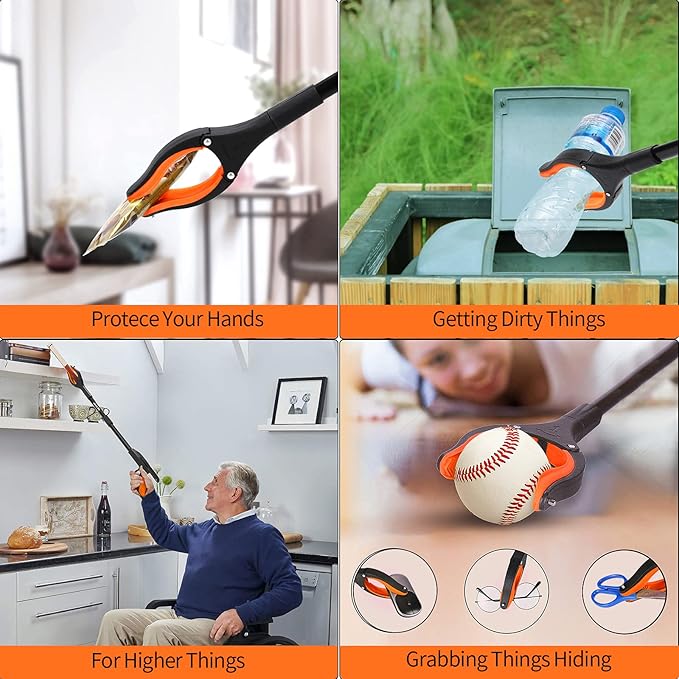 Jellas 2-Pack 32 Inch Grabber Reacher Tool with Magnetic Tip, Reacher Grabber with 360 Degrees Rotating Jaw, Grabber with Shoehorn for Elderly, Trash Picker Tool for Outdoor & Indoor (Orange)