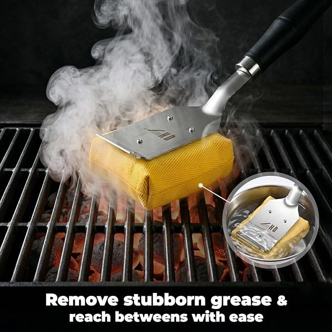 Bristle Free Steam Cleaning Grill Brush,1 Replaceable Head for Any Grate Type - 17” Long Handle w/One-Fit-All Scraper - BBQ Accessories Cleaner for Outdoor Grill - Gifts for Men/Dad