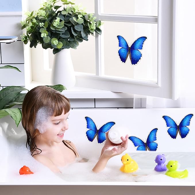 20 Pcs Non Slip Bathtub Stickers Anti Slip Shower Stickers Butterfly Anti Skid Bathtub Decals Adhesive Shower Grips Peel and Stick Treads Applique with Scraper(Blue,Butterfly)