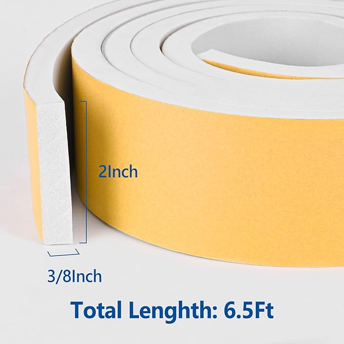 Kikerike Self Adhesive Foam Tape Weatherstrip 2in x 3/8in x 6.5Ft High Density Foam Insulation Strips Seal Weather Stripping with Strong Adhesive for Door and Window Sound Isolation Soundproofing