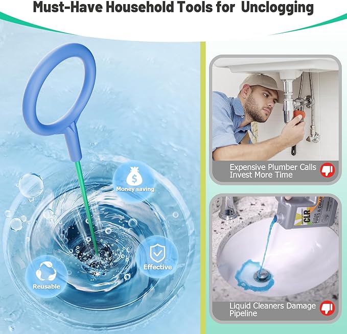 Reusable Drain Snake Hair Drain Clog Remover 30 Inch, 2026 Upgraded Sink Snake Drain Hair Removal Tool, Anti-Break Metal Shower Snake Drain Cleaner to Unclog Bathroom Sink, Tub (Blue head)