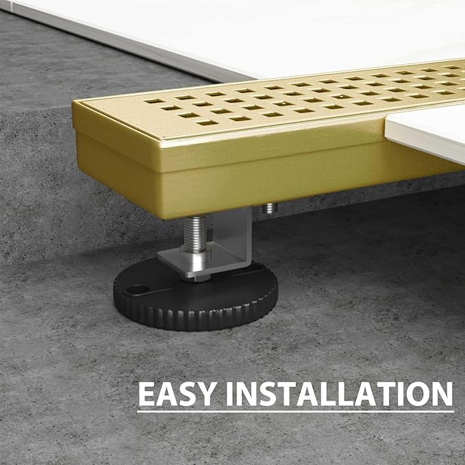 SaniteModar Linear Shower Drain, Gold Shower Drain 12 inch with Removable Grate,Brushed 304 Stainless Steel Linear Drain with Hair Strainer & Leveling Feet