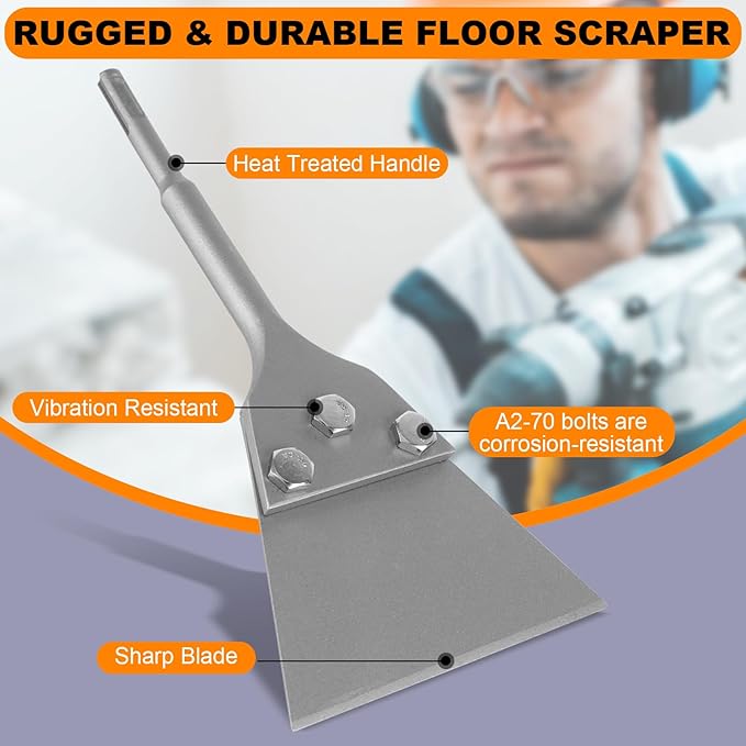 SDS Plus Floor Scraper Kit, 5 Inch x 11 Inch Tile Removal Tool with Spare Blades for Rotary Hammer Drill, Thinset Vinyl Scraper Adhesives Remover