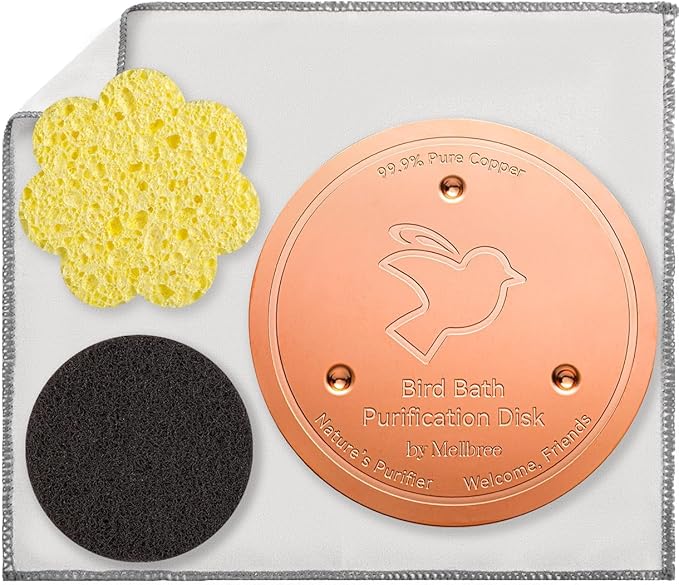 Mellbree Bird Bath Copper Disk & Clean Set, 0.6mm Reinforced 99.99% Pure Copper Cleaning Disk with Cleaning sponges Sandpaper and Microfiber Cloths for Cleaning Bird Baths and Bird Bath Disk
