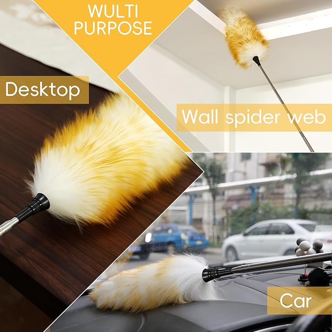 Lambswool Extendable Removable Duster 29-110 Inch Stainless Steel Extension Pole Wool Dusters for Cleaning Ceiling Fans Window Blinds Car Interiors Furniture Dusting,Feather Duster