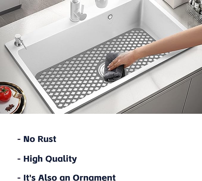 Silicone Sink Mat, 24.6''x 12.9'' Kitchen Sink Protector Grid for Bottom of Center Drain Sink, Gray Non-slip Heat Resistant Liner for Farmhouse Stainless Steel Porcelain Sink