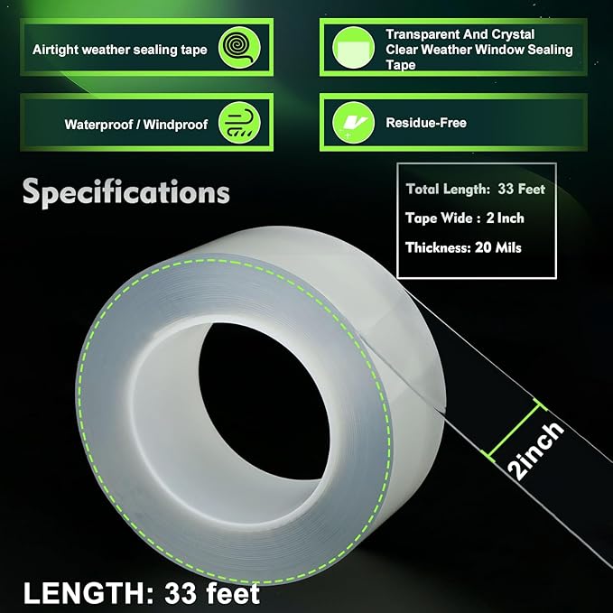 Qoqooice Transparent Window Weather Sealing Tape 2 Inch x 33 FT Weather Stripping Residue-Free Clear Window Insulation Tape for Doors Windows and Shower Glass Gaps