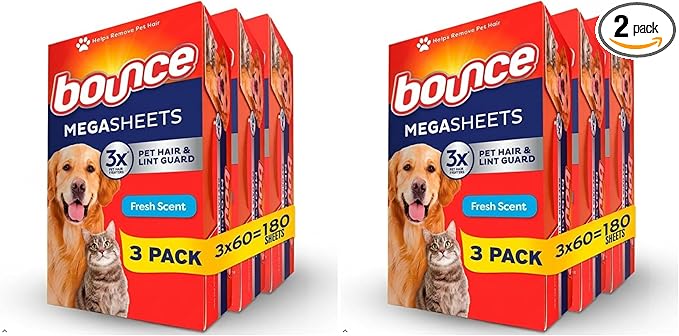 Bounce Fabric Softener Sheets, Fresh Scent, 180 Count | Pet Hair and Lint Guard | Pack of 2 | 3X Pet Hair Fighters