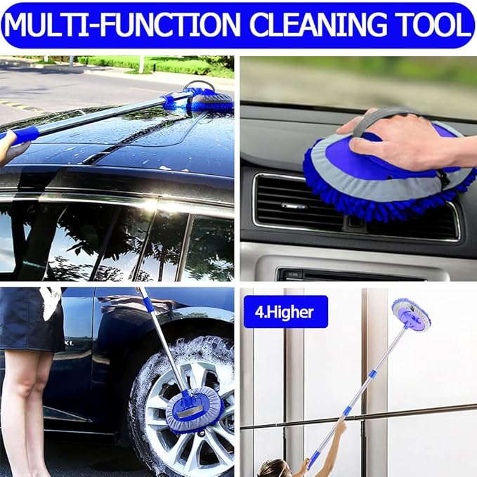 47.5" Car Wash Brush Mop Cleaning Tool with Long Handle Kit for Washing Detailing Cars Truck, SUV, RV, Trailer, Boat 2 in 1 Chenille Microfiber Sponge Duster Not Hurt Paint Scratch Free