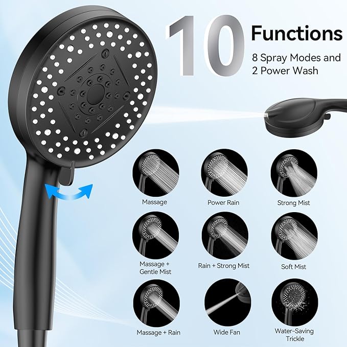 VOXON Shower Head 10 Functions, High Pressure Handheld Shower Head, Built-in 2 Power Wash Mode to Clean Corner, Non-Clogging Nozzles, Leakproof Stainless Steel Hose&Metal Bracket, Black