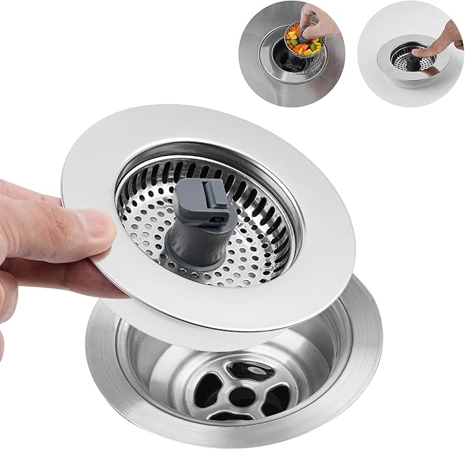 Hibbent 3 in 1 Kitchen Sink Drain Strainer, Stainless Steel Wrapped Shell Drain Stopper Combo, Pop Up Sink Stopper, Stainless Steel Anti-Clogging Basket Strainer for US Standard 3-1/2" Drain