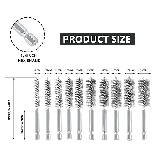 10 Pcs Stainless Steel Wire Brush Set, Bore Brush Set with 1/4 Inch Hex Shank, Power Drill Attachments for Rust Polish & Tube Cleaning (8/10/11/12/13/15/16/17/18/19mm)