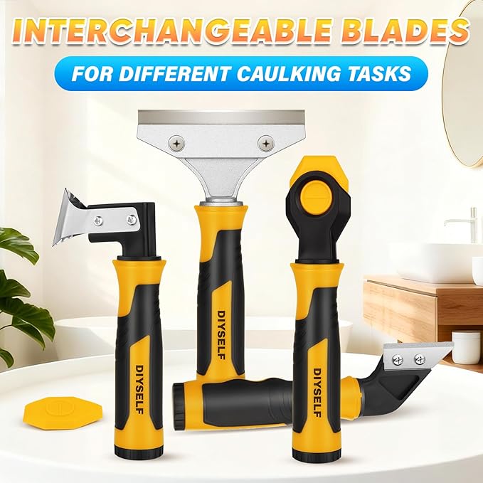 DIYSELF Caulking Tool, 4 in 1 Caulk Remover Tool for Bathroom, Bathtub, Grout, Shower, Tile, Window, Razor Scraper Tool for Cleaning, Silicone Caulk Removal Tool (Yellow)
