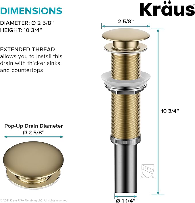 KRAUS Bathroom Sink Pop-Up Drain Assembly in Brushed Gold for Vessel Sinks and Sinks without Overflow, with Extended Thread for Thicker Countertops, PU-L10BG