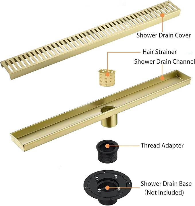 28 Inch Linear Shower Drain Bathroom Kitchen Golden Floor Drain Removable Capsule Pattern Cover Accessories Shower Drain 304 Stainless Steel Drain with Hair Strainer Adjustable Leveling Feet