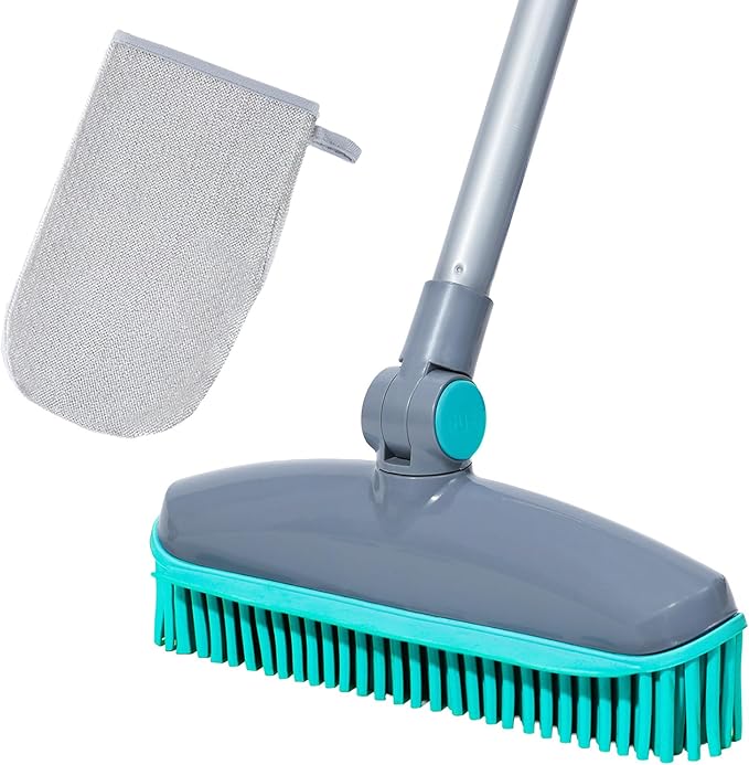 Rubber Broom Carpet Rake for Pet Hair Remover, Fur Remover Broom with Squeegee, Portable Detailing Lint Remover Brush, Pet Hair Removal Tool for Fluff Carpet, Hardwood Floor, Tile, Window (Grey&Blue)