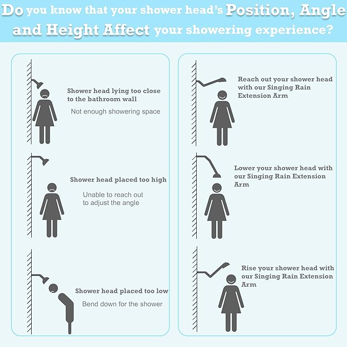 15 Inch Extra Long Adjustable Shower Head Extension Arm With Locking Set Screw, Singing Rain 304 Stainless Steel Chrome Angle Height Adjustable, G1/2 Universal Connector Compatible (Chrome Finish)