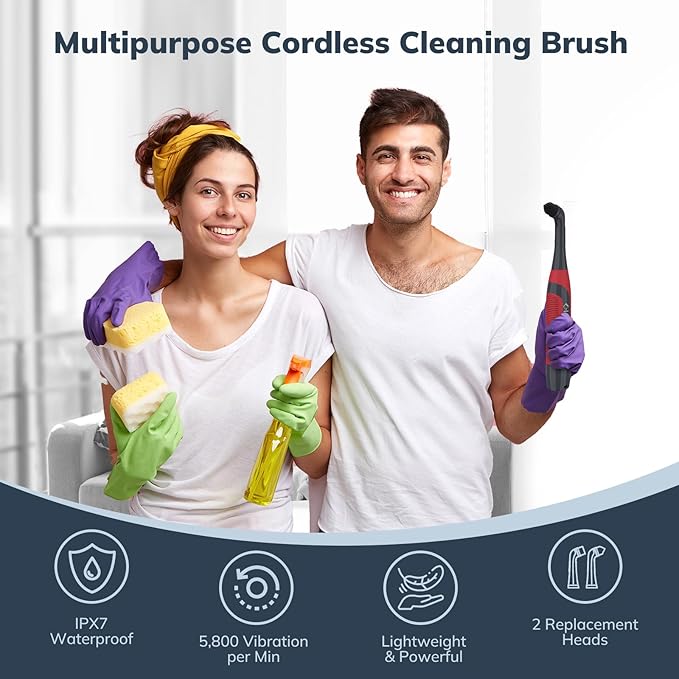 LifeBasis Cordless Electric Cleaning Brush, Mini Power Scrubber for Cleaning Waterproof Grout with 2 Brush Heads for Bathroom Kitchen Tile Crevice Corner - Red (Batteries Included)