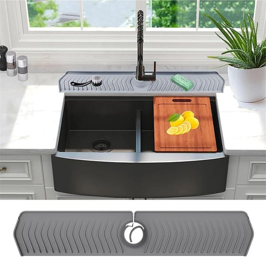 Large Size Kitchen Sink Splash Guard, 30"Silicone Faucet Handle Drip Catcher Tray Mat for for Kitchen Countertop, Bathroom, Farmhouse (Grey, 30" x 5.7")