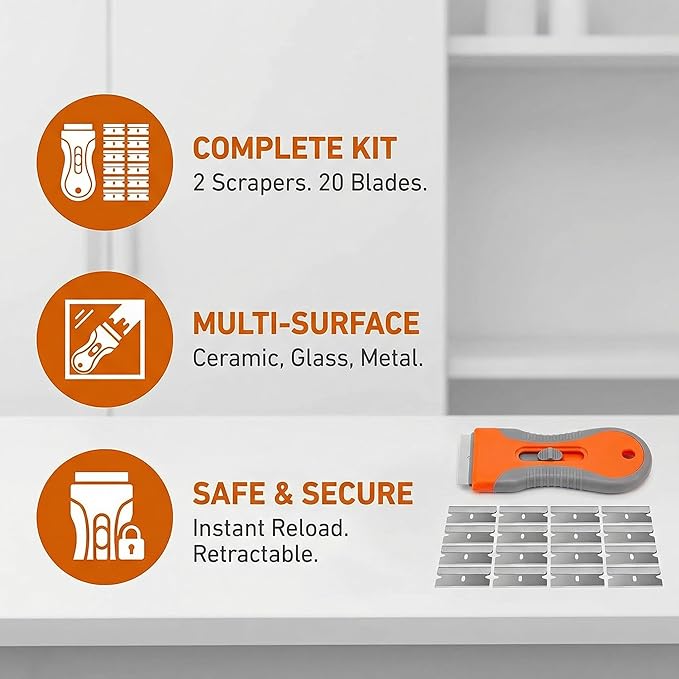 Razor Blade Scraper Tool 2 Pack with 20 Extra Blades - Retractable Glass Scraper with Safety Lock and Non-Slip Grip for Removing Stickers Labels Paint Caulk from Windows Cooktop Glass Floors Surfaces