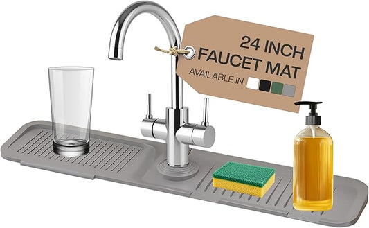 24 Inch Silicone Faucet Mat for Kitchen Sink Splash Guard & Draining Tray Sink Protector with Soap & Sponge Holder Grey (Purest Peak)