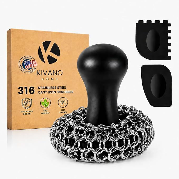 Cast Iron Scrubber with 2 Pan Scrapers – 316L Stainless Steel Chainmail Cleaner for Cast Iron Skillets, Woks & Grill Pans
