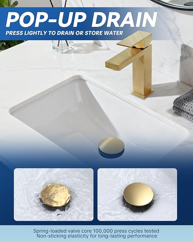 Pop Up Drain with Overflow, ARCORA Brushed Gold Bathroom Sink Drain, Pop Up Drain for Vessel Sink